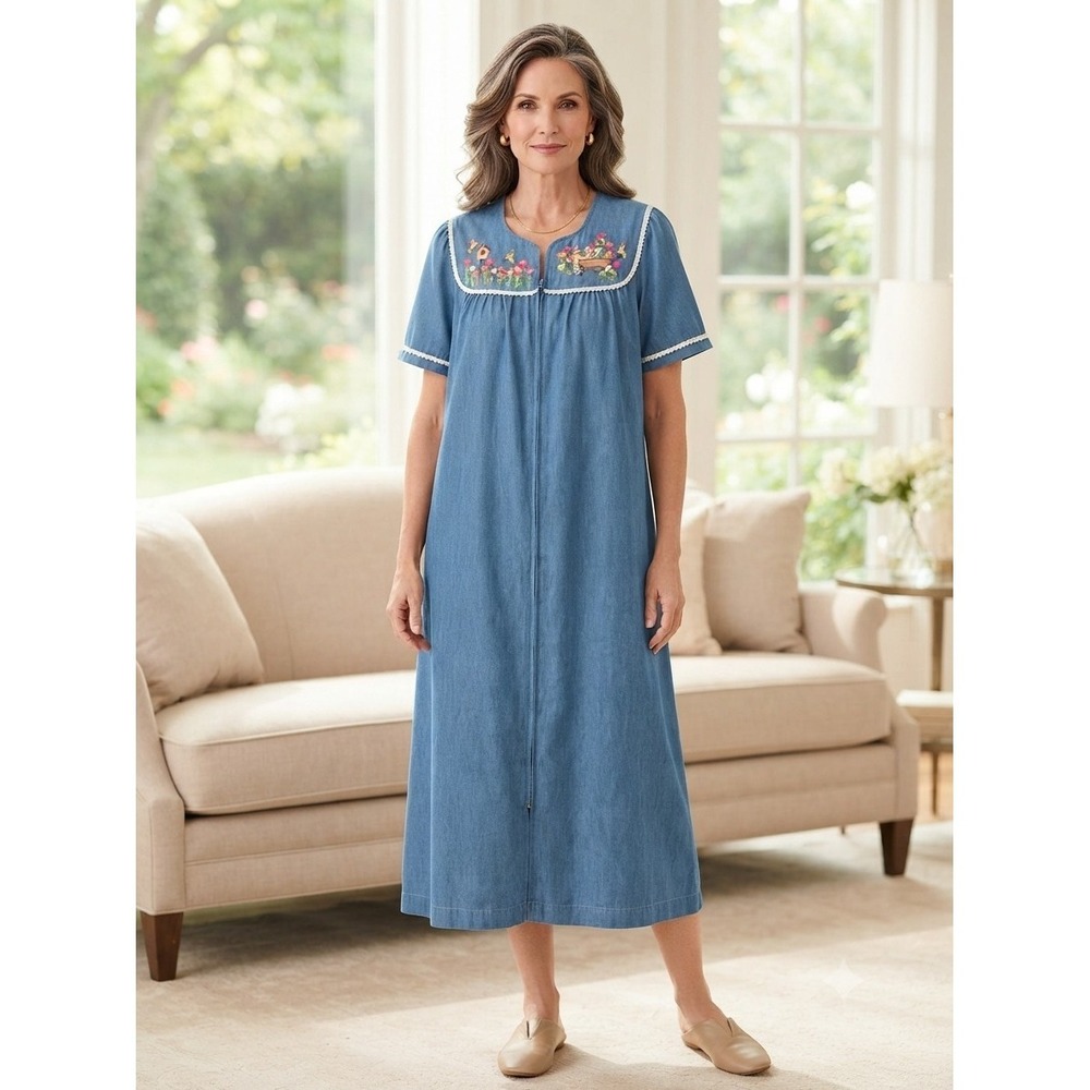 Go Softly Patio House Dress Duster MuMu XL Embroidered Snap Front Birds NWT